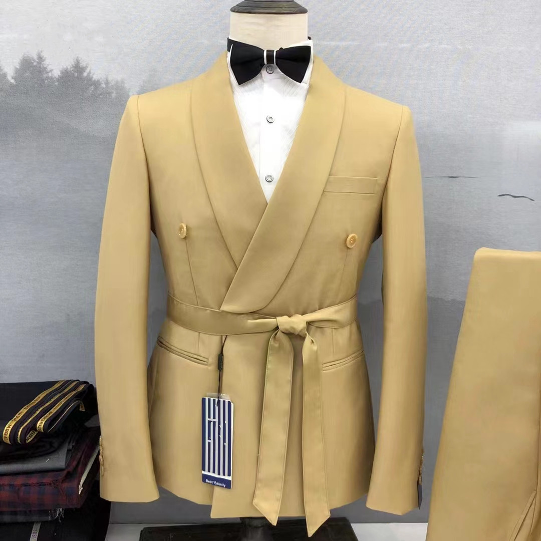 Slim Fit Blazer Men - Setelan Pernikahan Kuning Mode Kustom 2025