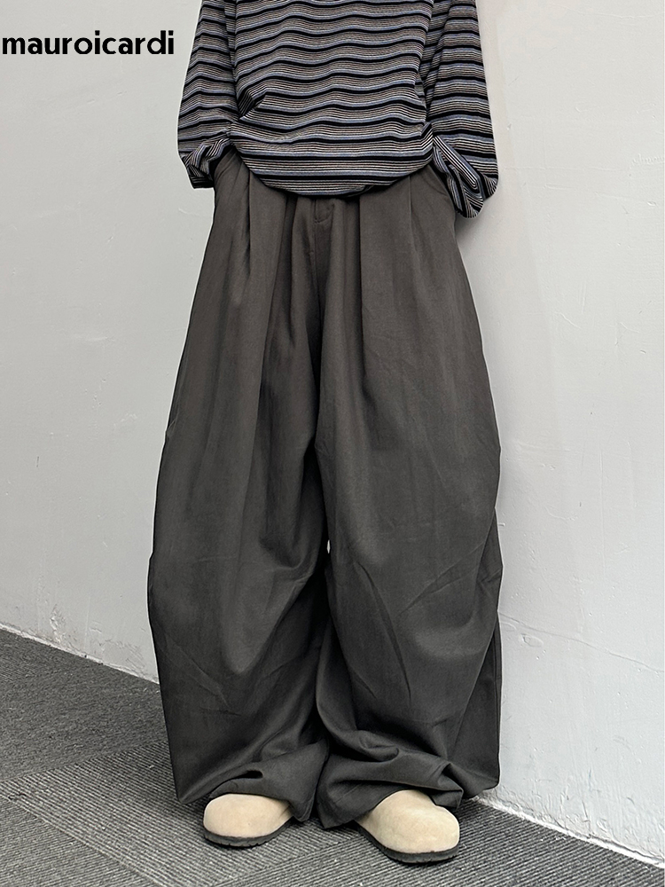 Mauroicardi Celana Kaki Lebar  - Mens Fashion Dark Grey Pants ulasan dan harga